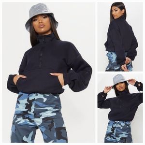 PRETTY LITTLE THING - NAVY ZIP FRONT SWEATER, SIZE S